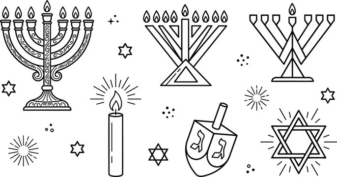 Hanukkah jewish holiday celebration line art vector icons bundle featuring menorah candle dreidel and star of david elements