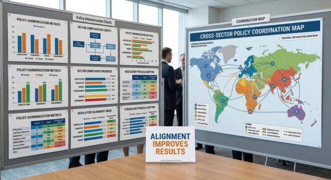 Policy Harmonization Charts and World Map Display in Modern Office Setting