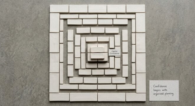 Top Down Arrangement of White Ceramic Rectangles in Concentric Square Pattern