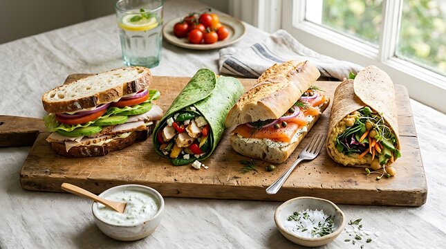Assorted fresh sandwiches and wraps on a wooden board for a healthy lunch catering spread.