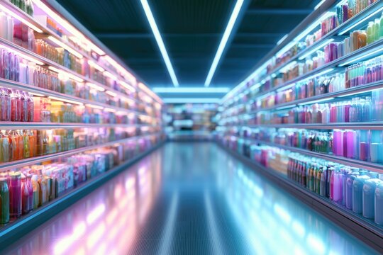 A brightly lit, modern aisle filled with colorful bottles and containers displayed on shelves in a futuristic store or supermarket.
