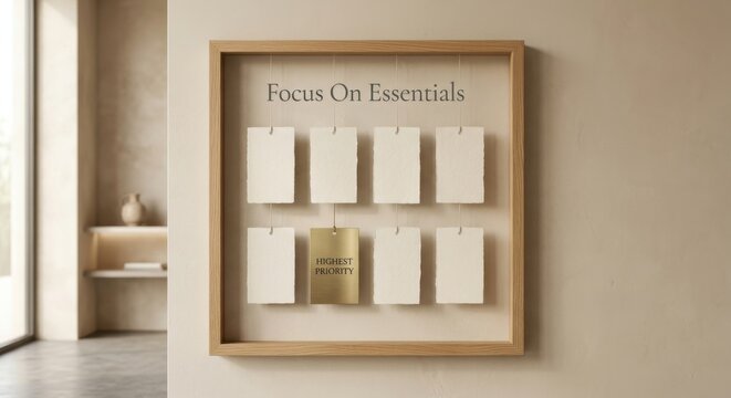 Wooden Frame Displaying 'Focus On Essentials' with Priority Tasks on Paper Labels