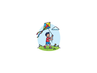 Fototapeta premium Smiling Child Flying A Colorful Kite Over A Grassy Hill With Cloud And Flowers Vector Illustration
