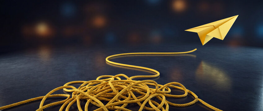 Conceptual image of yellow paper plane flying away from tangled rope, representing breakthrough, freedom, and solution to complex problems.