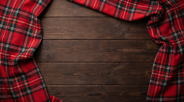 Autumn picnic blanket background with red plaid fabric framing dark wooden surface and cozy seasonal. Cosy vintage plaid fabric pattern. abstract chequered texture check, gingham tablecloth, fall