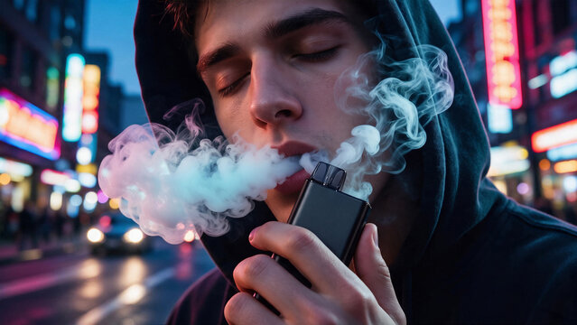 Extreme close-up of a young man in a hooded sweatshirt inhaling from a vape pod system device on a neon-lit urban street at twilight. Modern youth lifestyle and tech concept