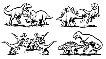 Fototapeta premium Black and white dinosaur sketches vector set