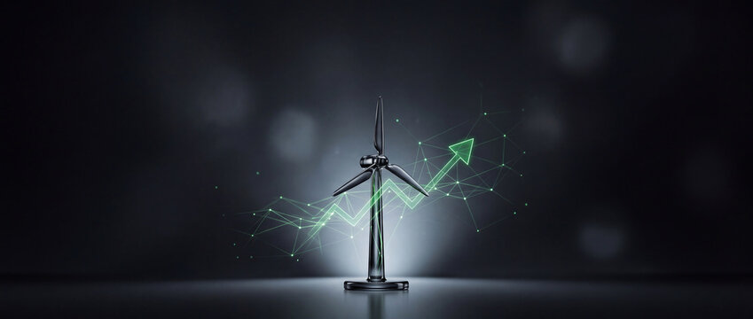 Conceptual wind turbine model with a glowing green rising arrow graph and digital network on a dark background, symbolizing renewable energy growth and sustainable business investment.
