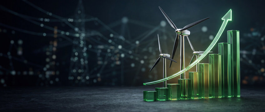 Financial growth in renewable energy concept featuring rising green bar chart with wind turbines on dark technology background symbolizing sustainable investment and ecological economy.