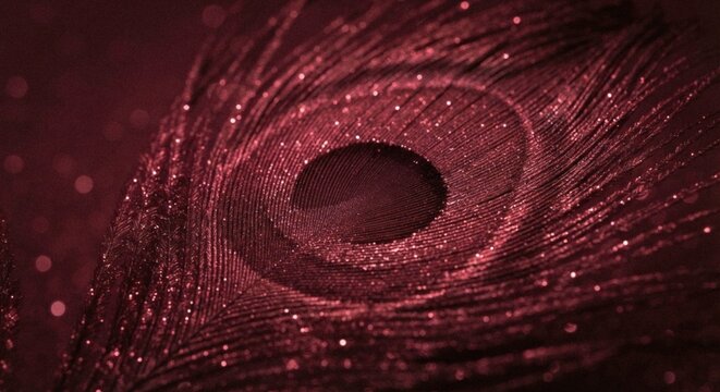 Luxury Red Glitter Peacock Feather Macro Close-Up - Abstract Sparkle Bokeh Shimmer Background