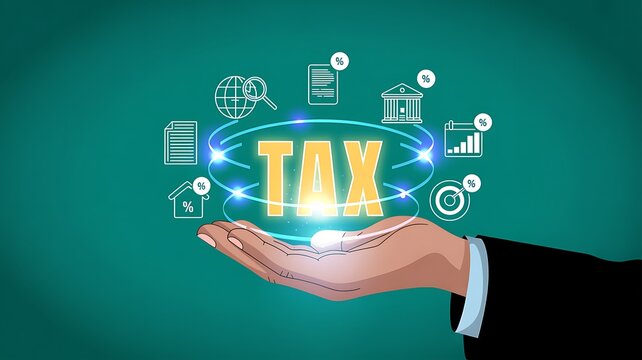 Digital Tax Filing Concept with Glowing Icons Above Hand