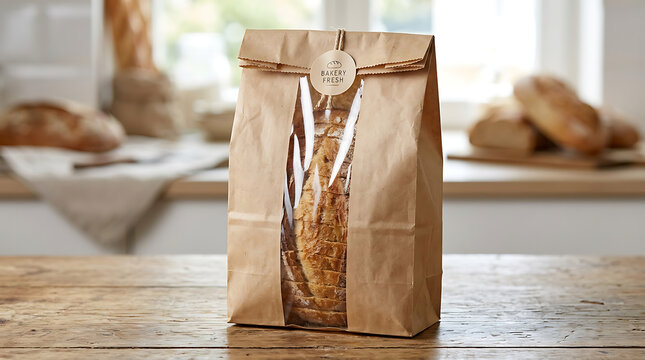 Rustic brown paper bag filled with whole grain bread loaf on wooden table mockup