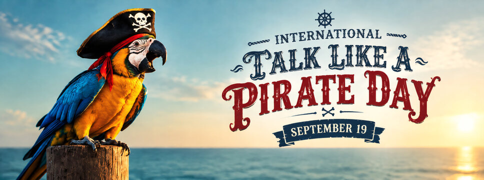 Colorful macaw bird wearing a tiny black pirate hat perched on a wooden post celebrating international talk like pirate day