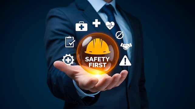 Businessman Holding Safety First Icon with Protection Symbols
