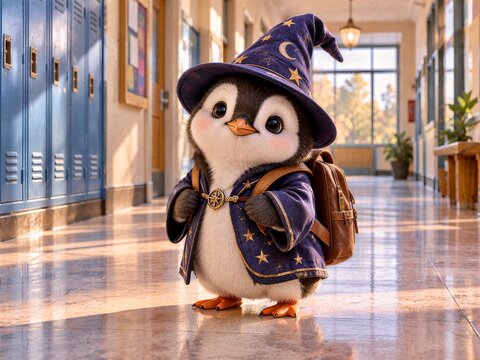 Cute Penguin Wizard With Backpack in a School Hallway