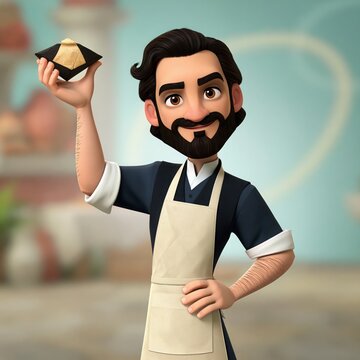 Bearded craftsman character wearing an apron holds a small handcrafted object.