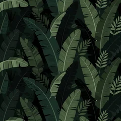 Seamless pattern with dark tropical banana leaves moody green black flat vector luxury perfect for wallpaper textile fabric background interior. © Daniel