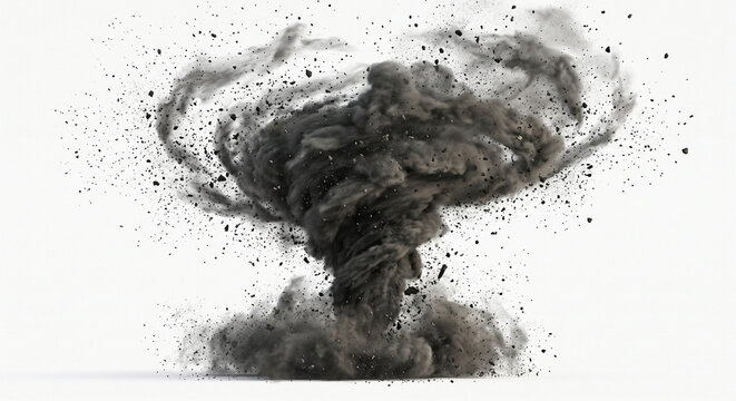 Powerful Dark Storm Tornado Rotating with Debris and Dust Particles Isolated on a Clean White Background
