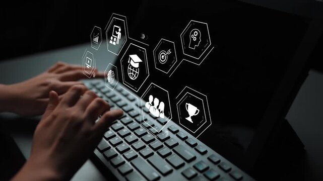 Hands Typing on Keyboard with Digital Icons Representing Education, Technology, Achievement, and Communication in a Modern Workspace Gluon.