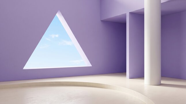 Minimalist purple room interior with triangular window showing blue sky, white column and curved floor, abstract architectural space, 3d render, pastel colors, geometric shapes, empty stage background