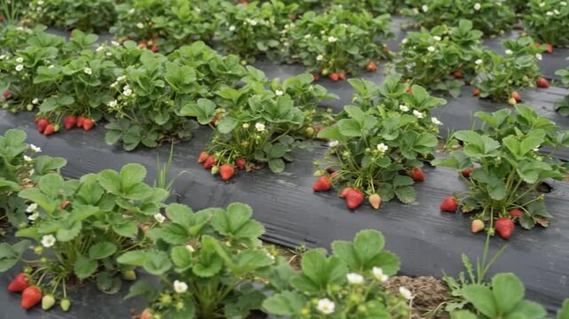 Organic mulch protecting vegetable beds and conserving soil moisture, realistic sustainable agriculture & food technology with precision monitoring, efficient resource automated precision fa