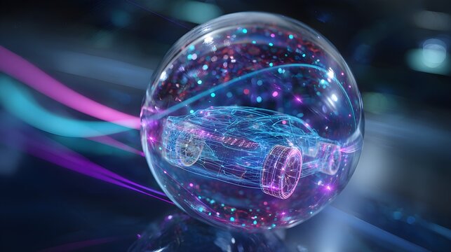 Transparent Glass Sphere Encapsulating Glowing Cyan and Pink Wireframe Sports Car Hologram with Luminous Optical Fiber Waves for Quantum Neural Network