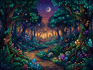 Fototapeta premium Enchanted forest path at night with glowing mushrooms and fireflies under a crescent moon
