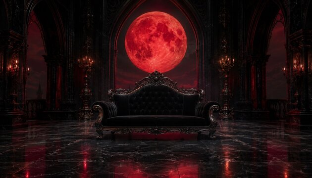 Black velvet sofa beneath red moon in dark gothic interior