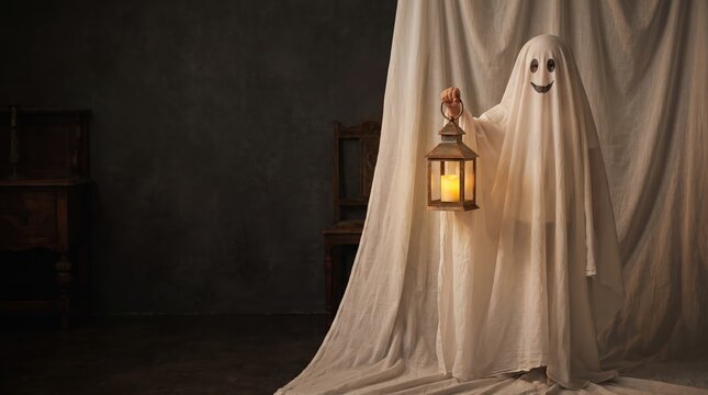 Halloween ghost photo with glowing lantern in spooky costume against draped fabric background