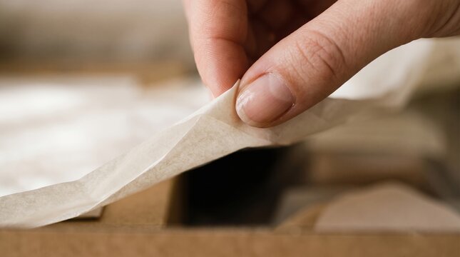 Close up of a hand gently peeling back a piece of parchment paper from a surface.