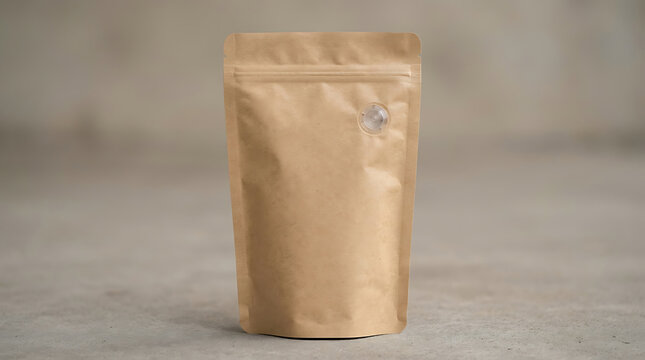 Minimalist brown kraft paper coffee bag mockup on neutral background for product packaging design