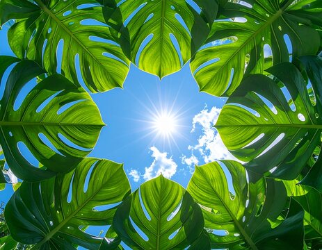 Dense ring of monstera leaves encircling a bright blue sky backdrop creating a natural vignette