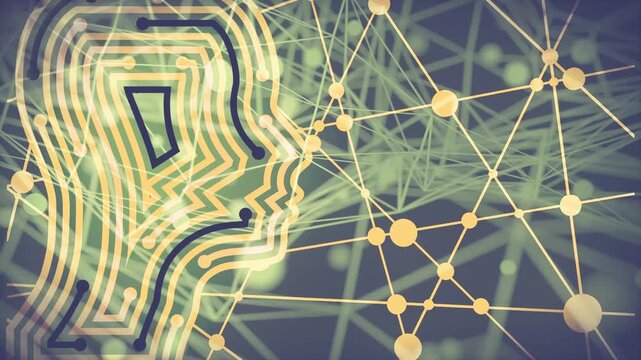 A head profile built from circuit-like contour lines merges into a neural plexus of nodes and links. A metaphor of artificial intelligence, machine learning, digital thinking and future technology.