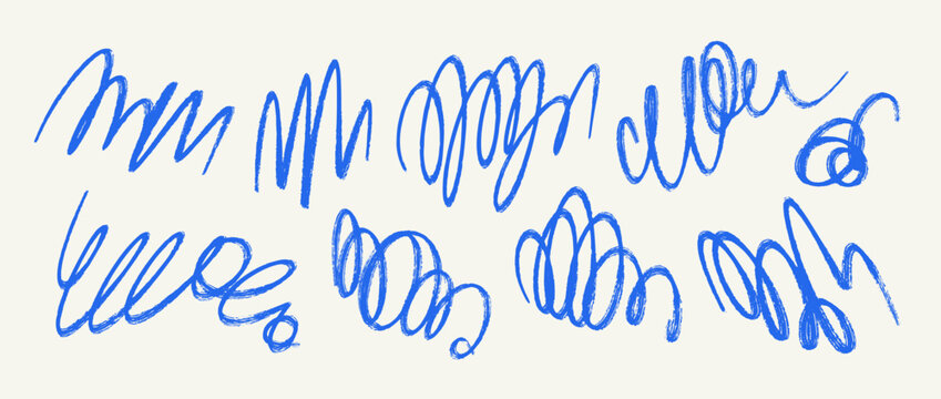 Blue brush stroke scribble set. Hand drawn blue pen scrawl doodle collection. Freehand rough pencil crayon squiggle pack. Messy charcoal sketch swirls bundle. Bold ballpoint curly marks. Vector