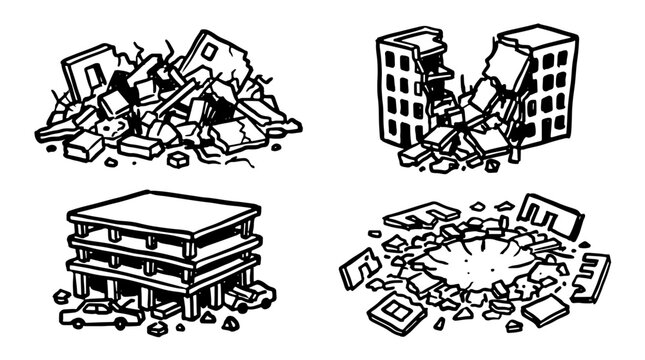Black and white sketch of destroyed buildings and rubble