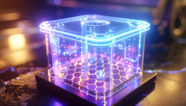 Transparent Organic Thermoelectric Generator TEG Semiconductor Module with Glowing Neon Hexagonal Base for Waste Heat Recovery Chassis