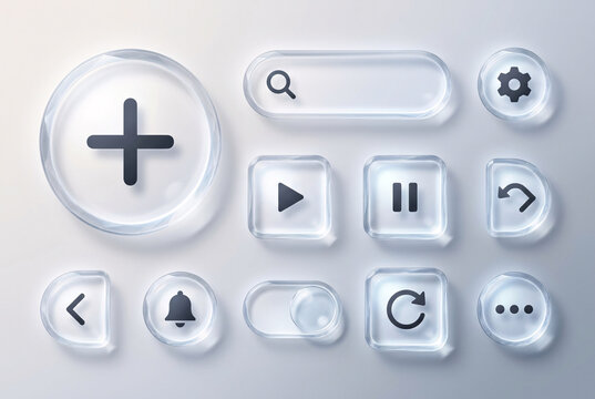 Glassmorphism UI Buttons and Transparent Interface Icon Set