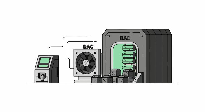 Direct Air Capture (DAC) illustration for carbon removal and net-zero technology.