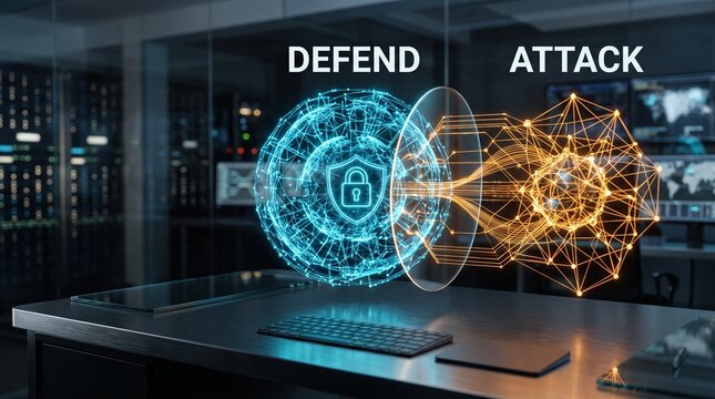 Cybersecurity visualization with glowing defend shield and attack network holograms displayed on modern server room desk