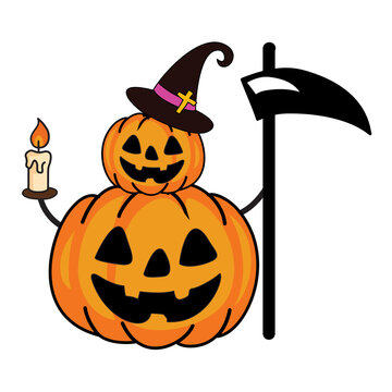 halloween jack o lantern. Vector illustration of a cute carved pumpkin stacking with witch hat holding a scythe and candle.