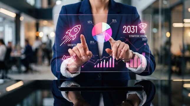 Businesswoman interacting with futuristic holographic interface displaying growth charts, strategic vision 2031, partnerships, rocket icon, pie graph, data analytics, innovation