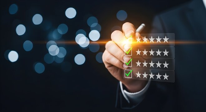 Customer Satisfaction Rating. Hand checking five-star boxes on virtual interface with bokeh background ideal for business feedback surveys and service quality marketing.