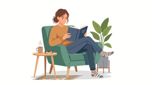 A Cozy Woman Reading a Book Sitting in a Green Armchair with Coffee and Houseplants in a Relaxing Indoor Lifestyle Illustration for Home Comfort Concept