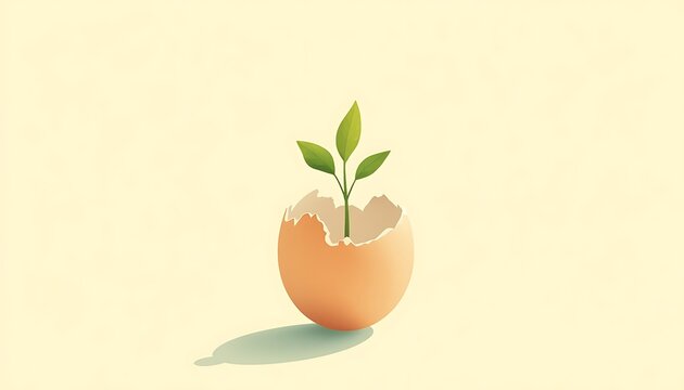 Small green sprout growing from a cracked eggshell on a light background