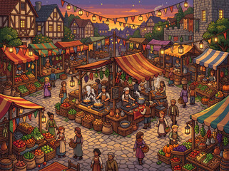 Fototapeta premium Crowded medieval market square with wooden stalls and people at sunset