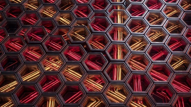 Abstract futuristic hexagonal grid with glowing red and yellow neon fiber optic cables inside dark cells 3D rendering background
