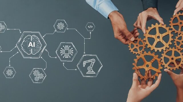 Hands Collaborating on AI Technology with Gears and Circuitry Illustrating Machine Learning and Innovation Concepts. Entropy.