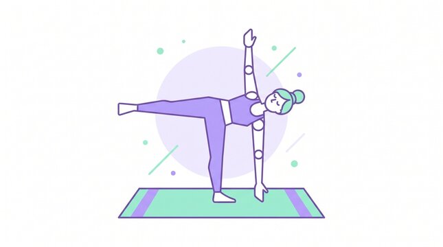 Woman practicing half moon yoga pose on a mat in a flat vector illustration