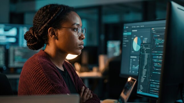 Focused Female Software Engineer Working on Computer in Dark Office.