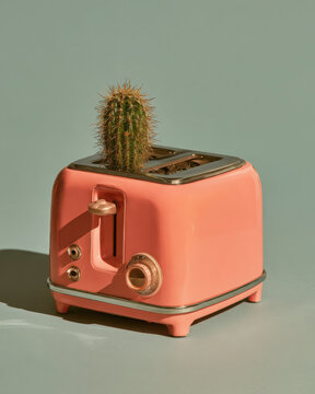 Spiky cactus growing from a retro coral toaster against a soft green background, creating a playful surreal still life with bold color and vintage character.